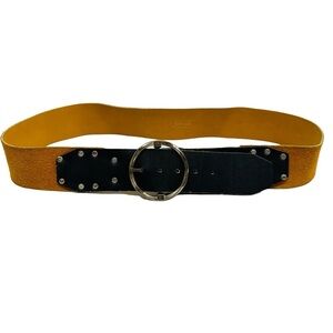 Suede Leather Belt Boho Western Size  L  33”-36” Yellow Black 2” Buckle Studs
